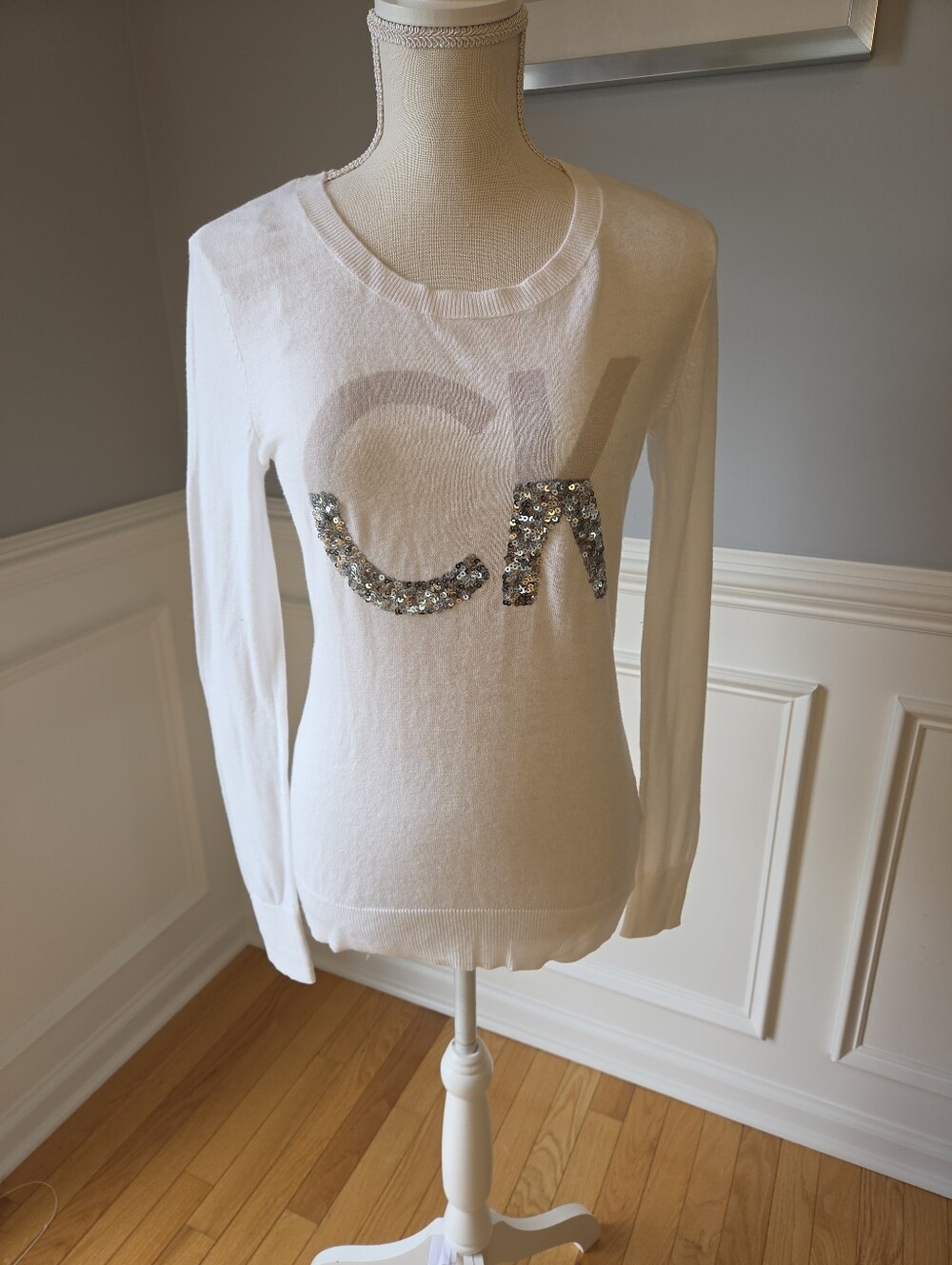 Calvin Klein Off White Crewneck Pullover Sweater Sequin Logo Women's Size XS